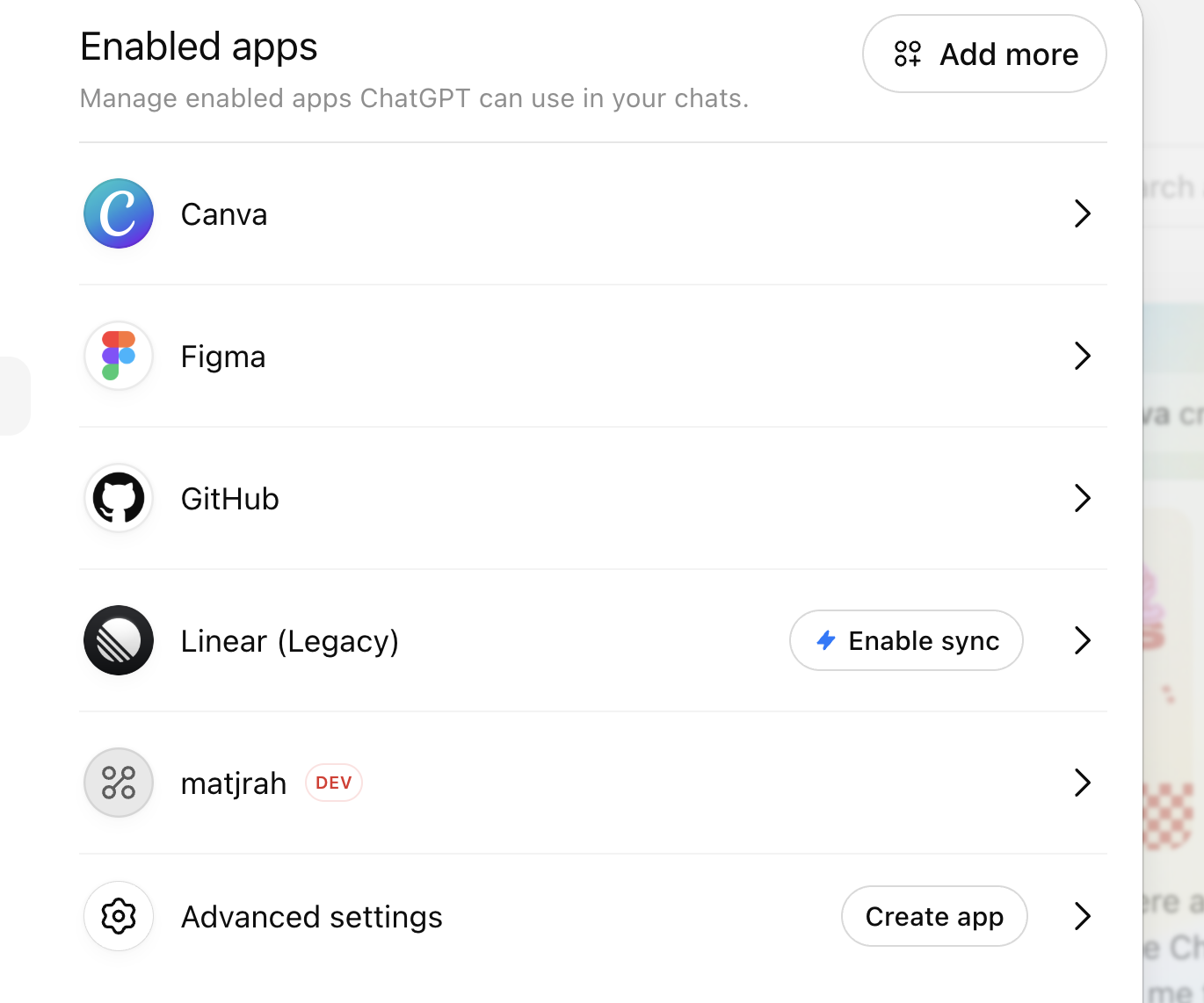 صفحة Apps في إعدادات ChatGPT