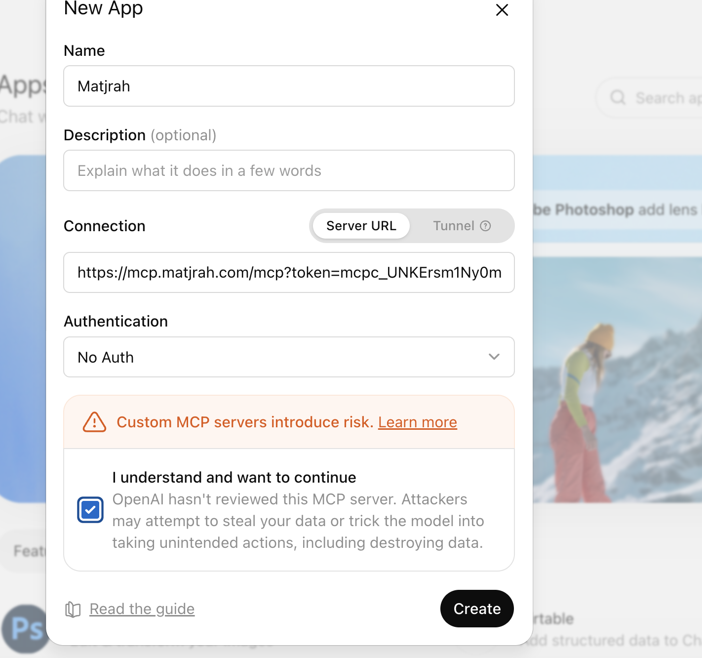 Advanced settings وزر Create app في ChatGPT